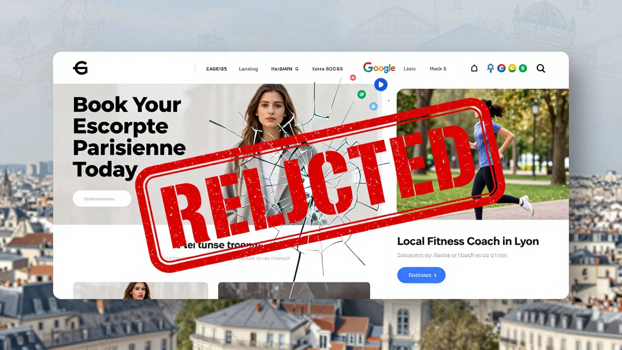 A mismatch between ad text and landing page content triggers a large &#039;REJECTED&#039; stamp.