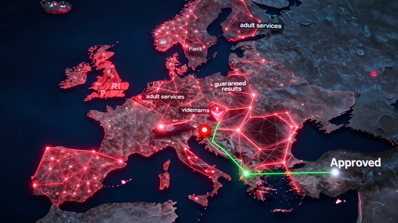 Neural network map showing blocked ad pathways in Europe, with one approved route glowing green.